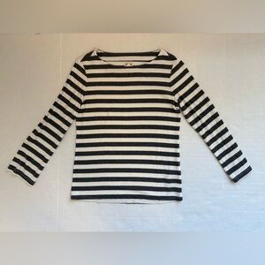 L’AGENCE White Gray Striped Stretch Rib Knit Boatneck 3/4 Sleeve Top Sz S Blouse
